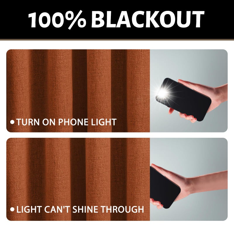 Yakamok Burnt Orange Linen Curtains 100% Blackout 96 Inches Long,Room Darkening Textured Curtains for Living Room Thermal Grommet Bedroom Curtains 2 Panels with White Liner - Image 2